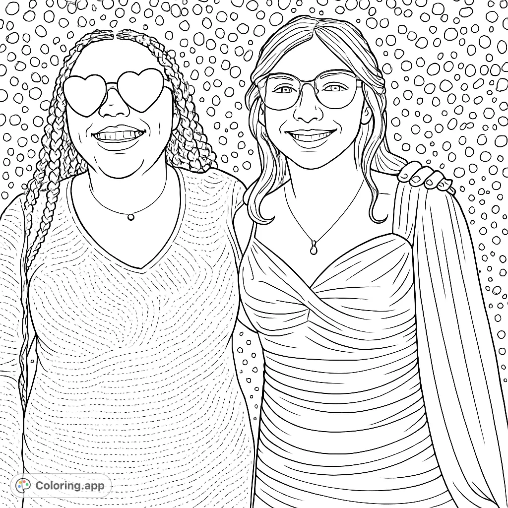 Celebrate friendship! Two smiling individuals in stylish outfits and fun glasses pose against a dynamic patterned backdrop. A great friendship coloring page for all ages.