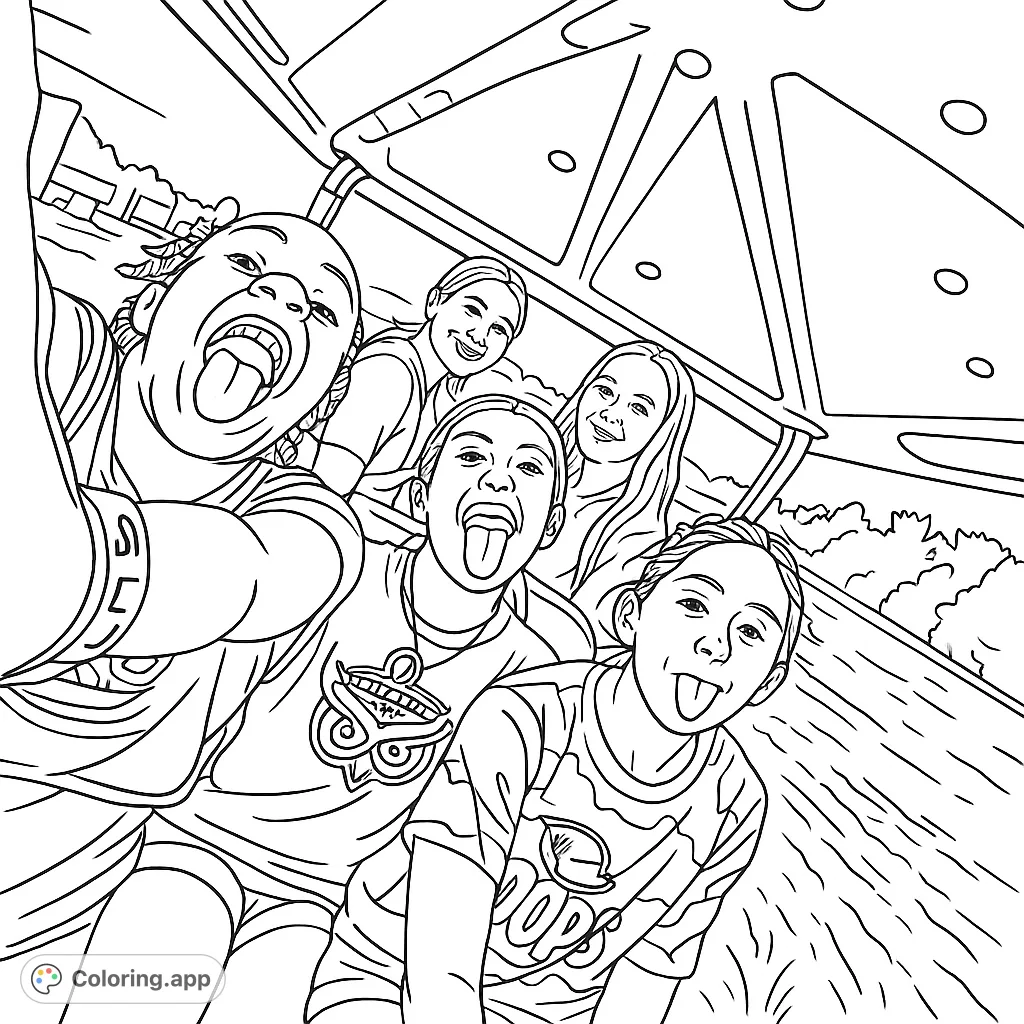 Capture a moment of joy with friends in a golf cart, making funny faces. A perfect scene for adding vibrant expressions and outdoor hues!