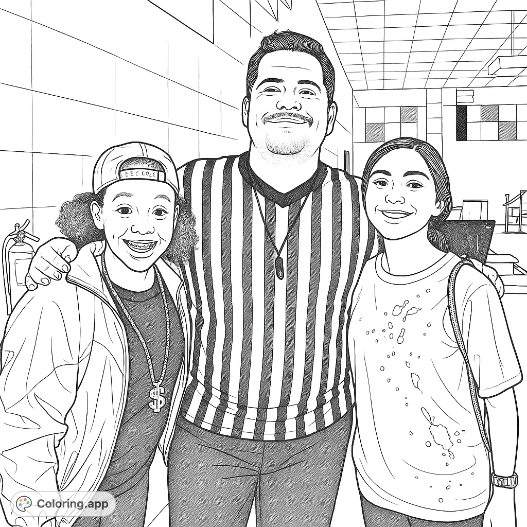 A fun group of three friends in festive costumes, including a referee, a hip-hop inspired character, and a splatter-themed outfit. Perfect for creative expression.