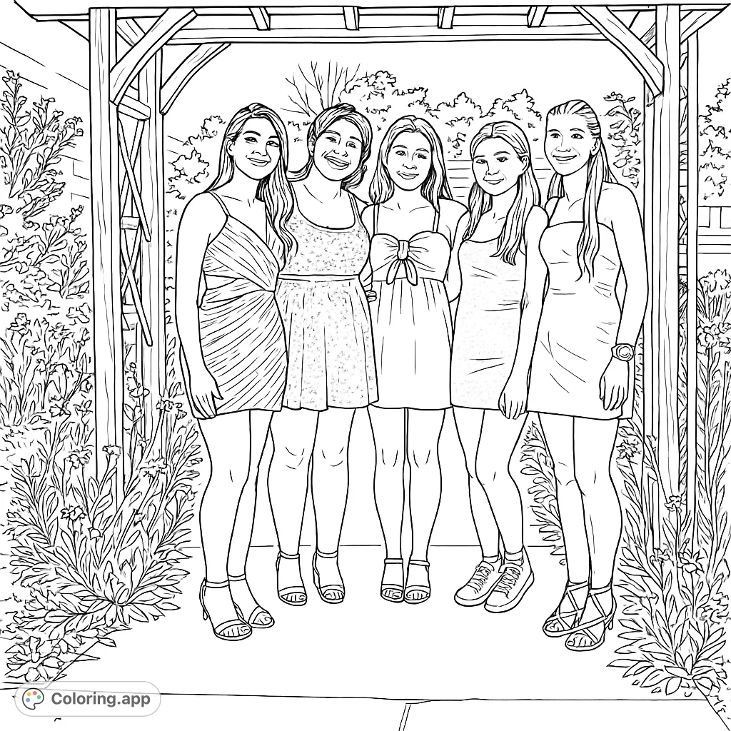 Five young women in elegant dresses pose together under a decorative wooden archway, surrounded by natural foliage and flowers, perfect for a celebration scene.