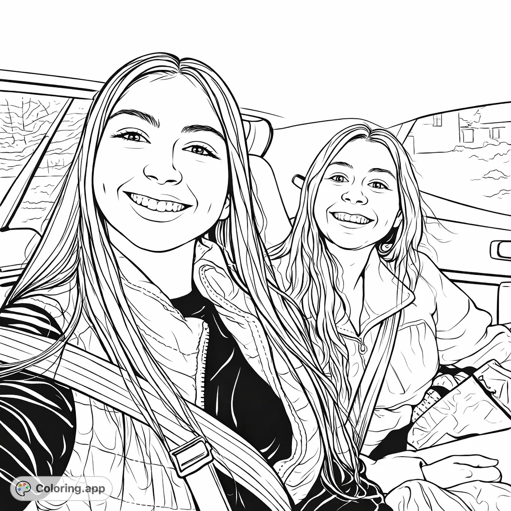 Capture the joy of a shared ride with this friends in car coloring page. Two smiling individuals ready for adventure, perfect for a personalized creation.