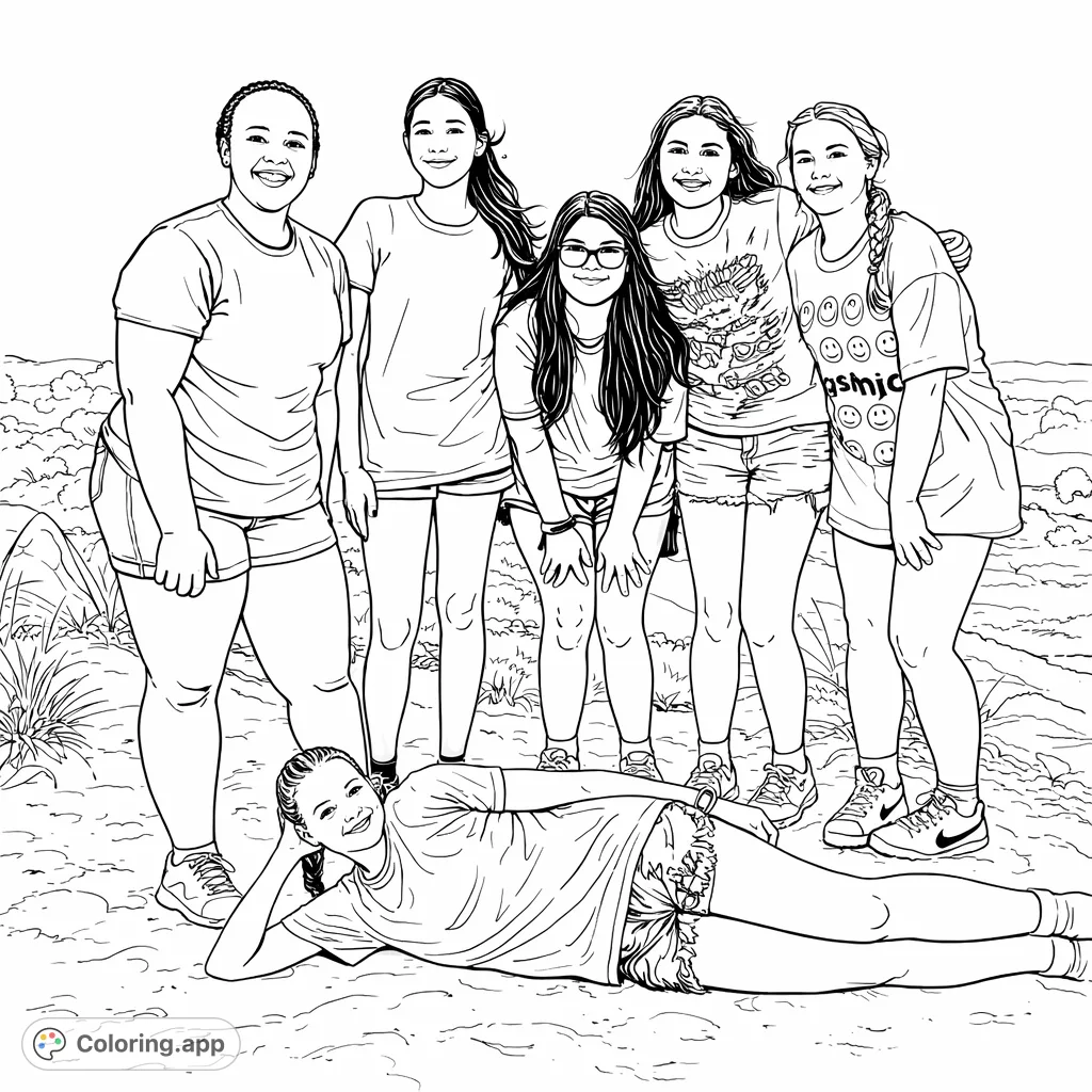 Six joyful friends pose on a scenic hilltop, one casually reclining in the foreground. A perfect blend of friendship and outdoor adventure awaits your creative touch.