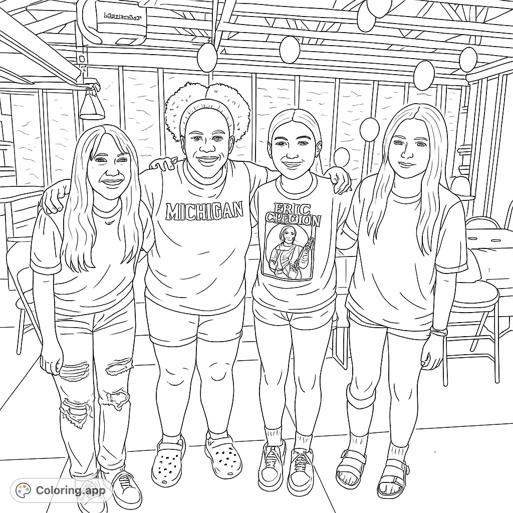 Four smiling friends standing together, celebrating in a decorated indoor space. A heartwarming scene of camaraderie, perfect for creative expression.