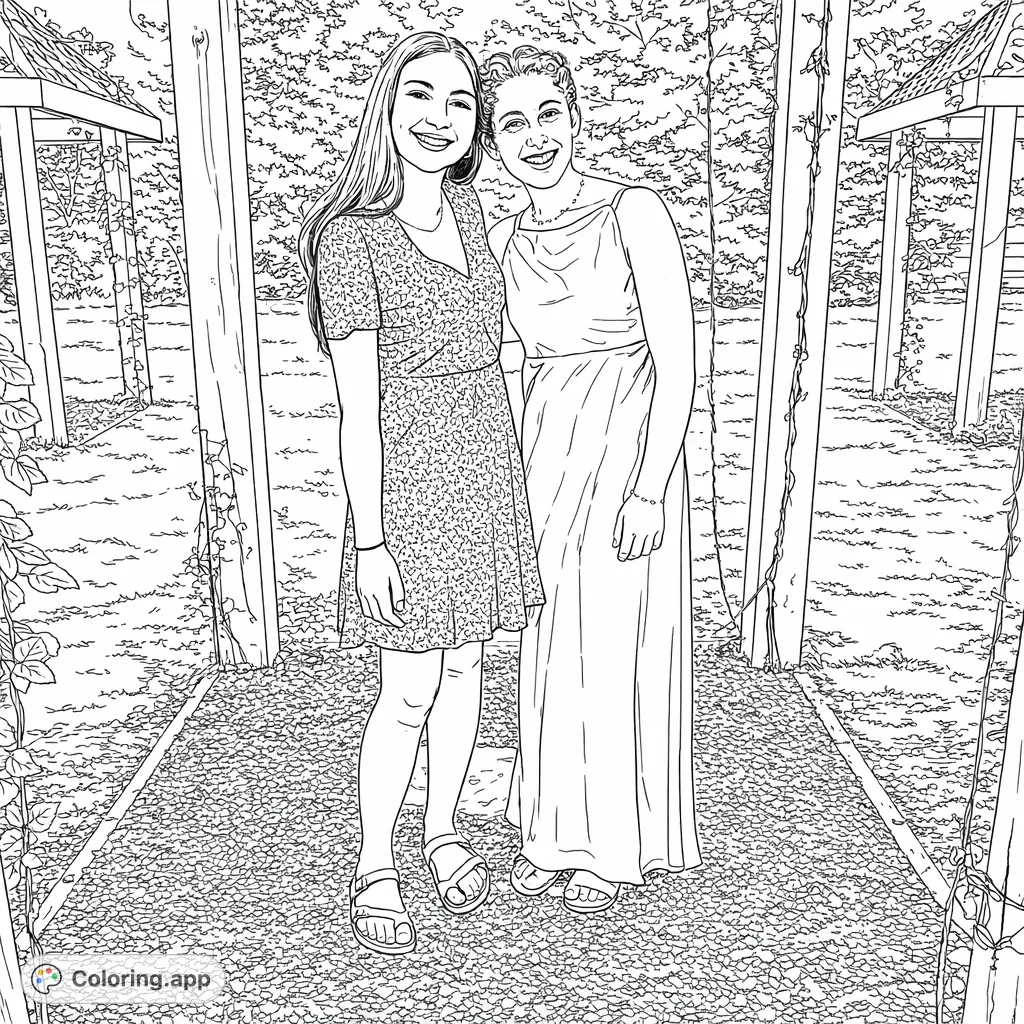 Celebrate friendship with this charming garden scene featuring two smiling individuals in stylish dresses beneath a lovely pergola. Perfect for fashion and nature enthusiasts!