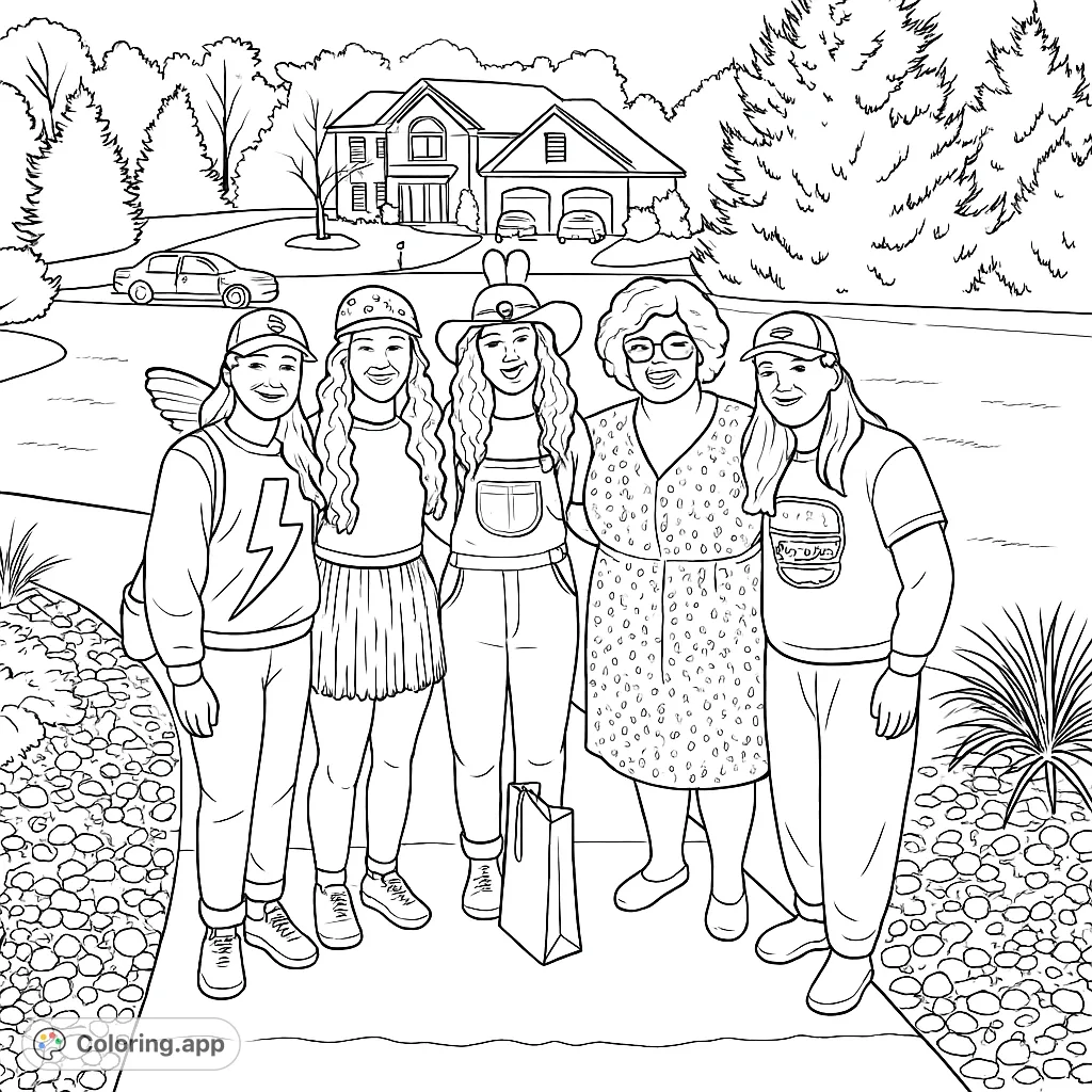 A festive scene of five friends dressed in unique costumes, ready for a fun evening. Ideal for capturing the spirit of celebration and friendship.