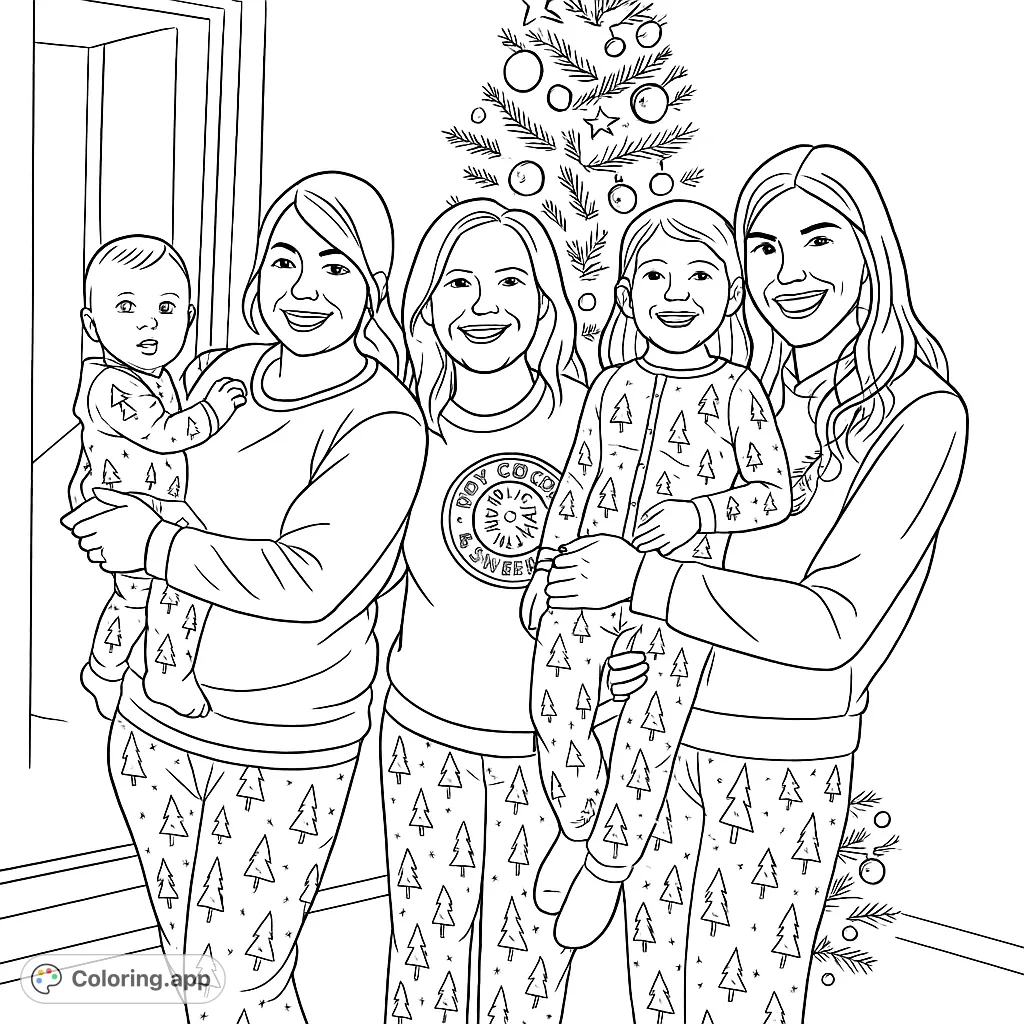 A heartwarming family portrait with three generations in matching tree-patterned pajamas, gathered around a decorated holiday tree. Perfect for festive coloring!