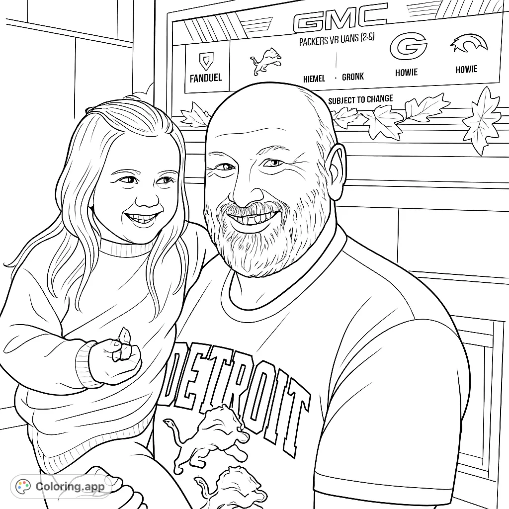 Capture a heartwarming moment with this smiling dad and daughter coloring page. Features a joyful embrace, detailed clothing, and decorative background elements.