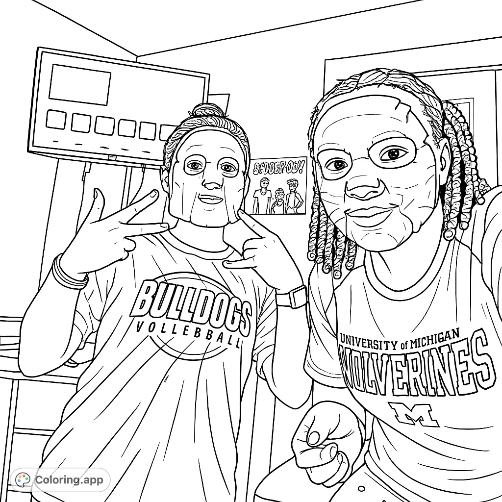 Two friends enjoy a relaxing spa night, complete with face masks and playful gestures. A fun and engaging coloring page for a cozy, creative session.