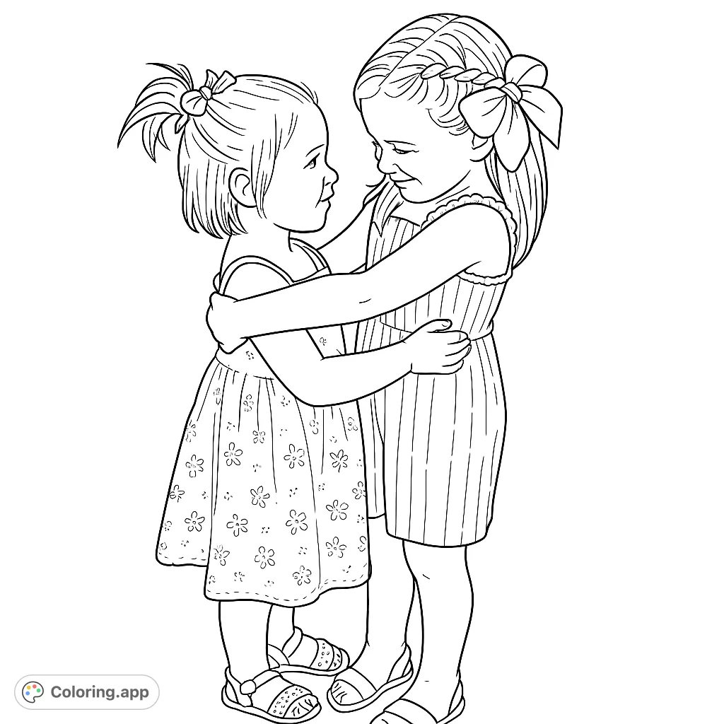 A heartwarming scene of two young children sharing a tender hug, capturing a moment of pure affection. Perfect for coloring warmth and connection.