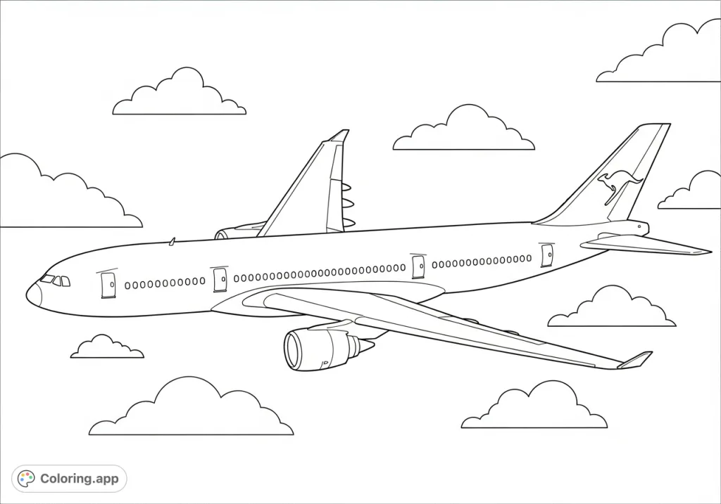 A magnificent Qantas passenger plane soars through the open sky, featuring its iconic kangaroo logo on the tail. A detailed aviation coloring page.