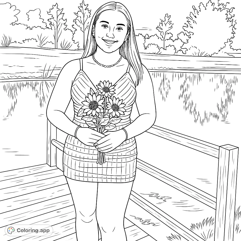 A cheerful girl stands on a rustic pier, holding a bouquet of sunflowers, with a tranquil pond and trees in the background, perfect for creative coloring.