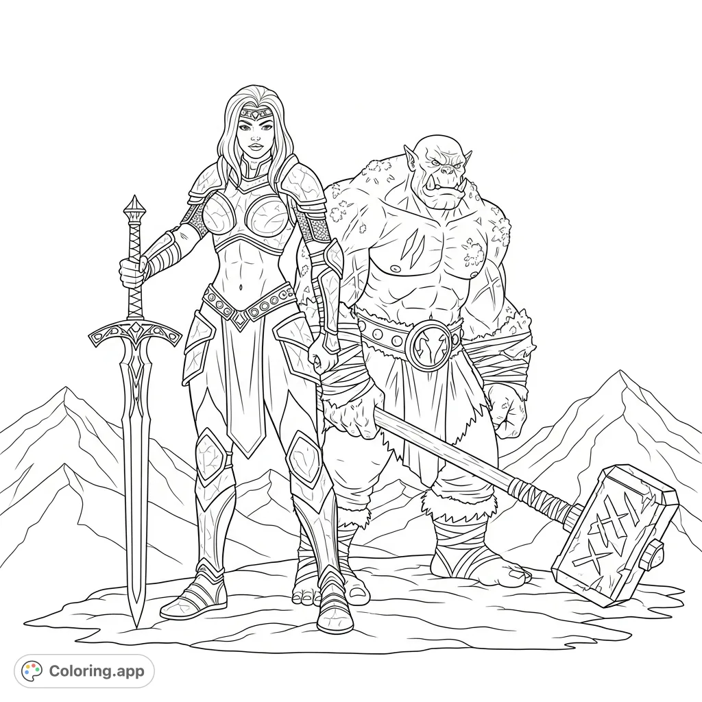 Unleash your creativity with this epic fantasy coloring page featuring a formidable warrior woman and a hulking orc, ready for adventure.