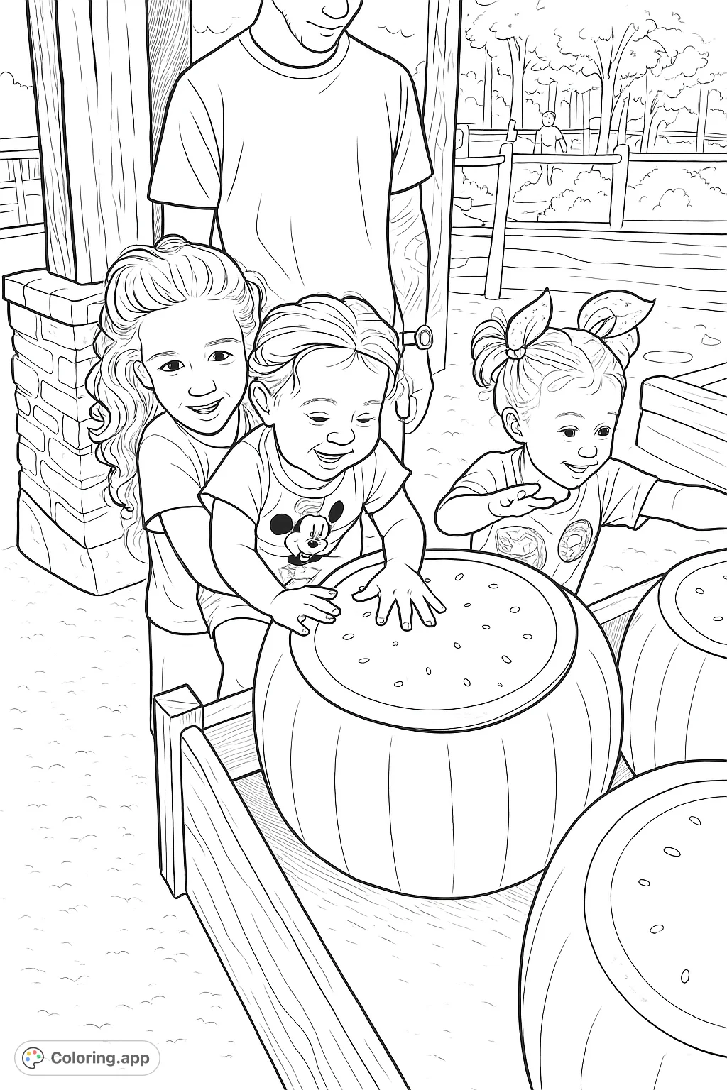 A joyful scene of three children happily playing on fruit-shaped drums in an an outdoor setting. Perfect for a fun and engaging coloring activity.