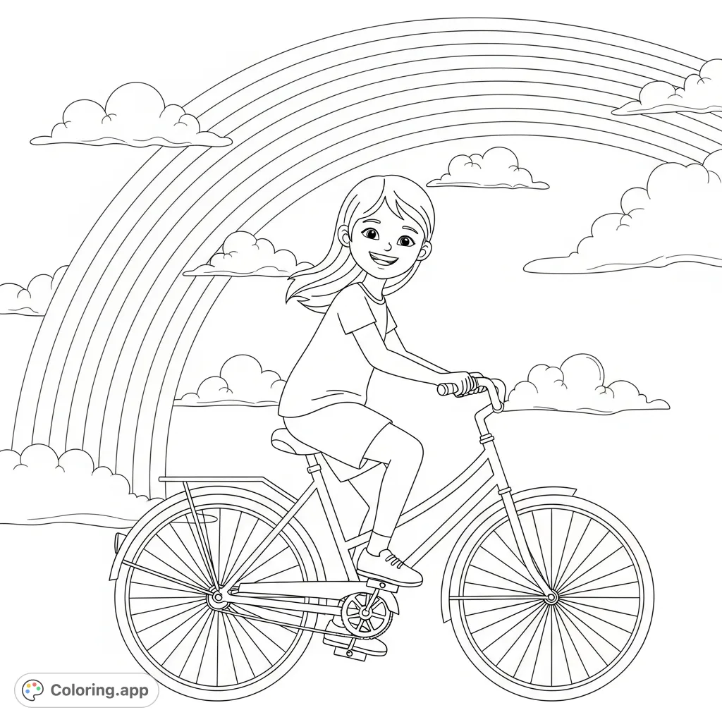 A cheerful young girl smiles as she rides her bicycle under a grand arching rainbow, creating a joyful and imaginative free printable coloring page.