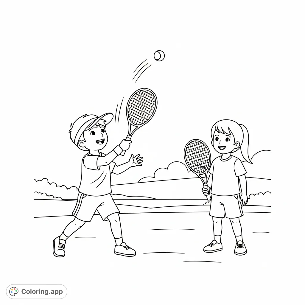 A lively children playing ball coloring page featuring kids enjoying a tennis game outdoors with a tennis ball. This free printable coloring page is perfect for active youngsters.