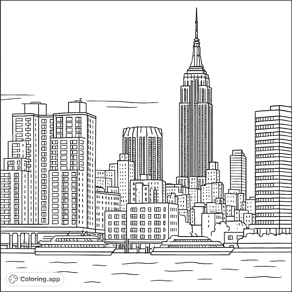 Explore an iconic urban landscape featuring a famous skyscraper, diverse architecture, and boats traversing a busy waterway. A detailed cityscape ready for your creative touch.