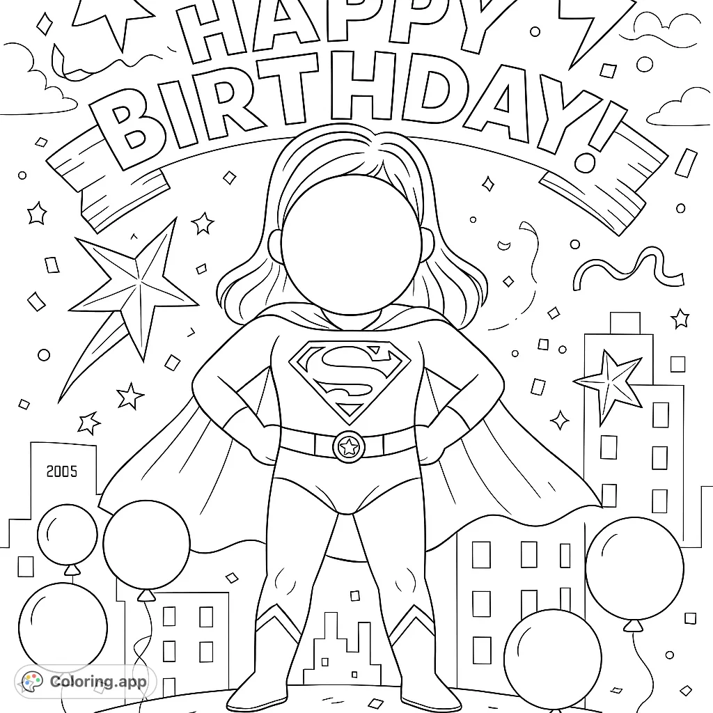 A heroic figure stands tall amidst a festive cityscape with balloons, stars, and a birthday banner. A fun, free printable superhero coloring page for all ages!