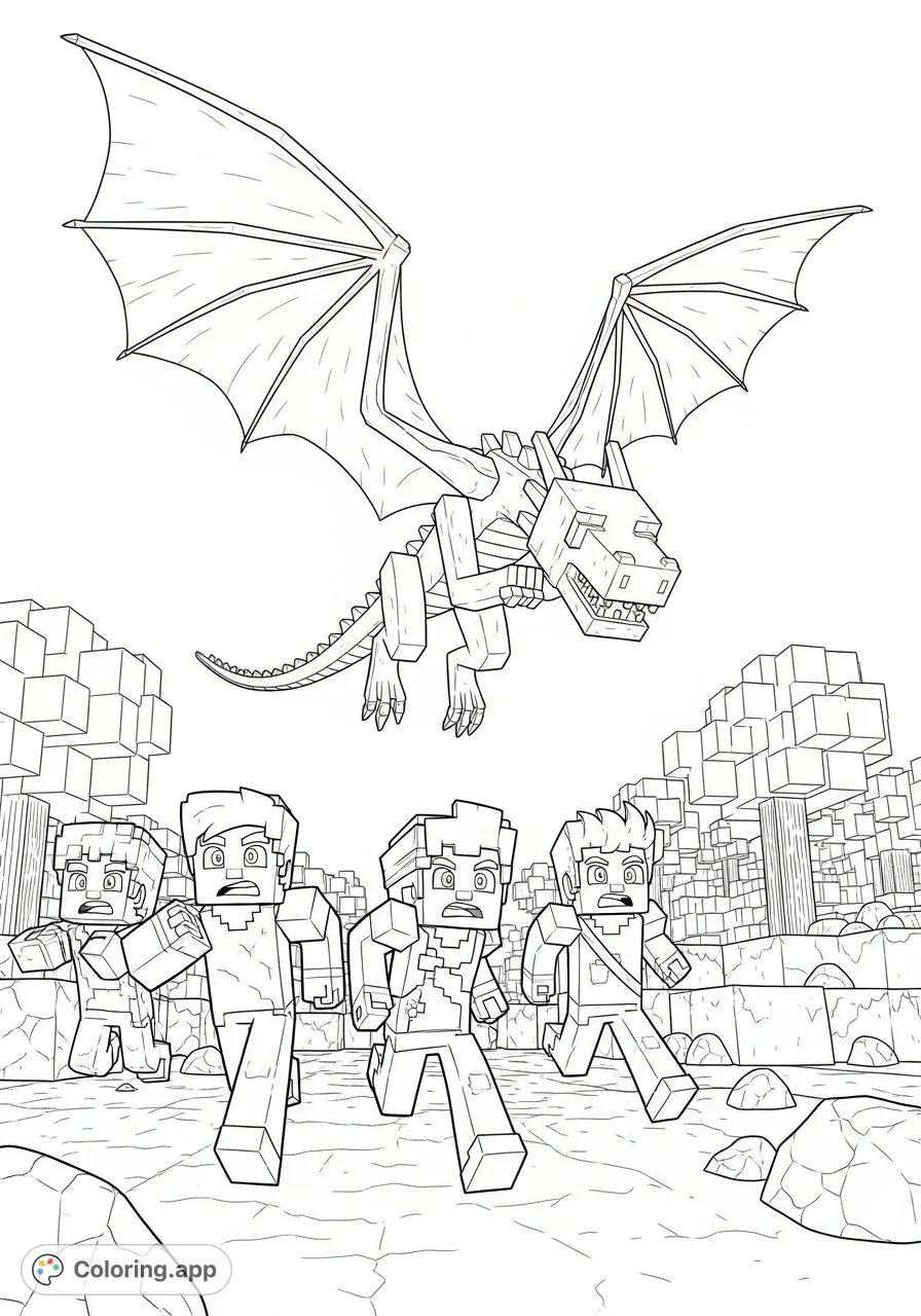Join Crafty, MrBeast, and Preston in an epic Minecraft adventure coloring page, fleeing a colossal Ender Dragon across a blocky landscape!