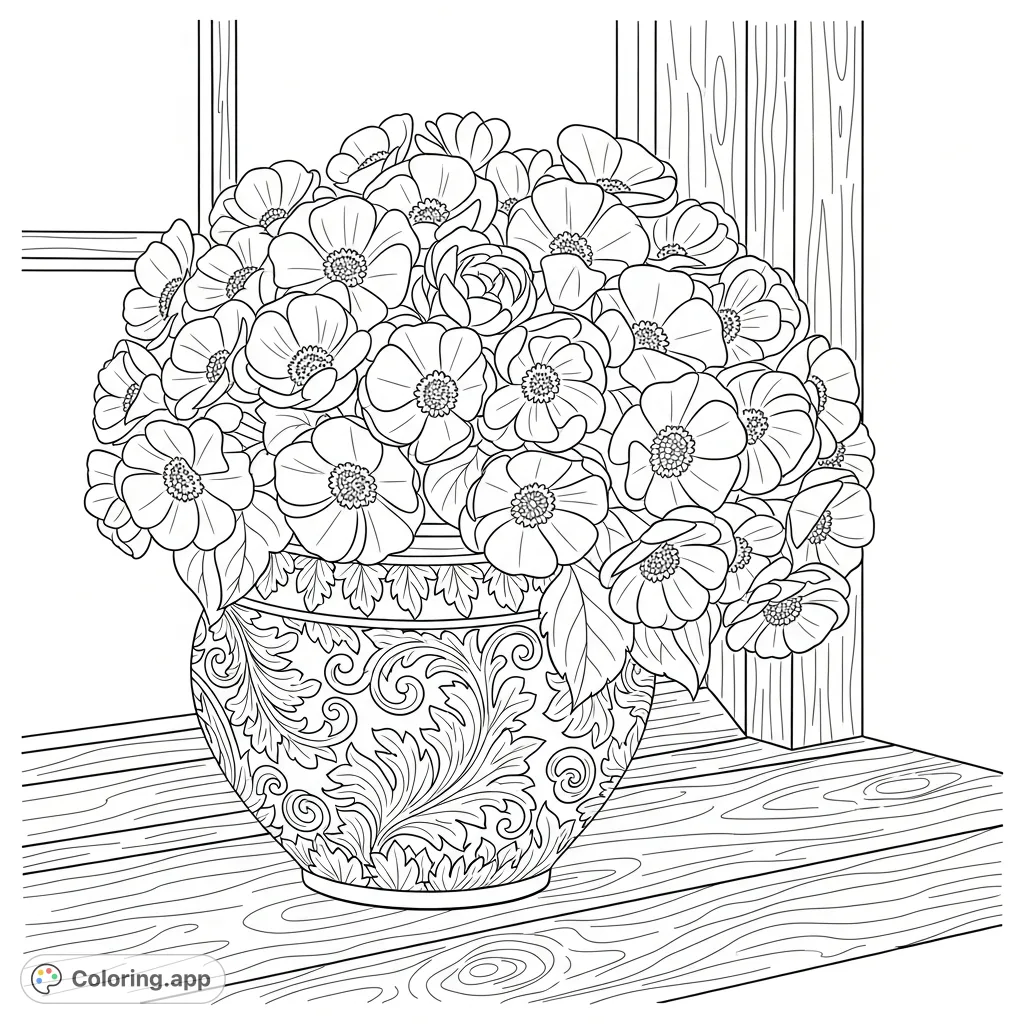An exquisite bouquet of layered flowers overflows from an ornate, patterned ceramic pot on a weathered windowsill, offering an intricate floral coloring page challenge.