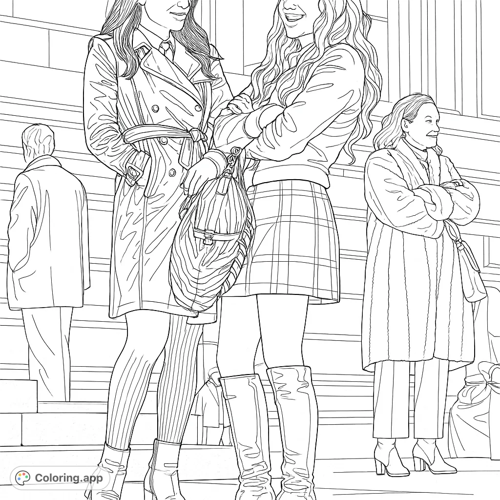 Capture the essence of city style with this detailed urban fashionista coloring page, featuring chic outfits and a dynamic street scene.