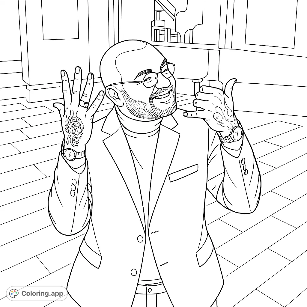 Color a dapper man with a smile and distinctive hand gestures, set in an elegant room with a grand piano. Express yourself through fashion and sophisticated backdrops.