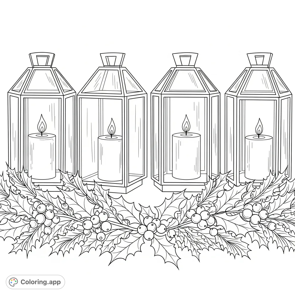 A charming holiday lantern coloring page featuring a festive row of modern lanterns with glowing candles, elegantly adorned with rich garland and holly berries.