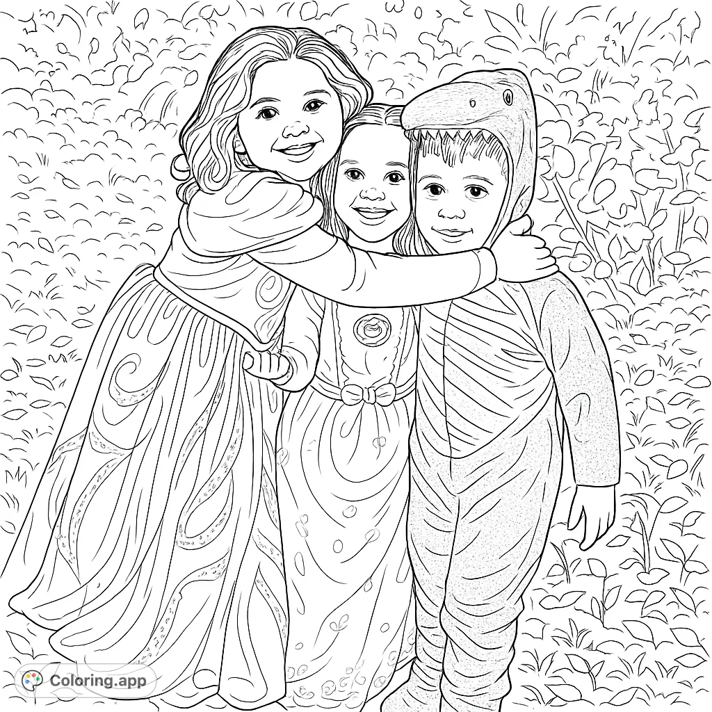 Three cheerful children in costumes—two princesses and a dinosaur—share a warm hug amidst an outdoor setting, perfect for a fun coloring adventure.