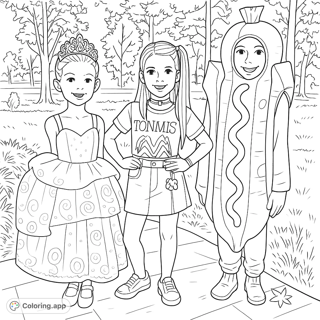 Three friends in festive costumes: a princess with a crown, a trendy pop star, and a whimsical hot dog. Perfect for imaginative coloring adventures.