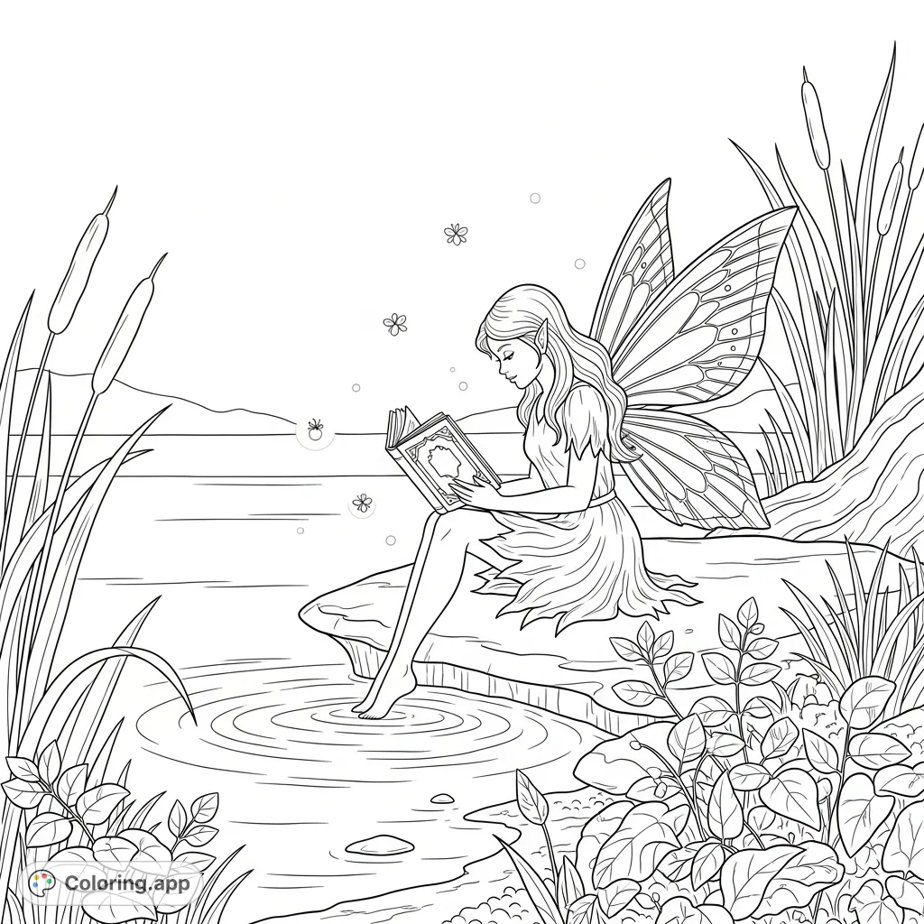 An enchanting fairy sits by a tranquil lake, lost in a book, surrounded by shimmering fireflies. A magical scene perfect for fantasy lovers.