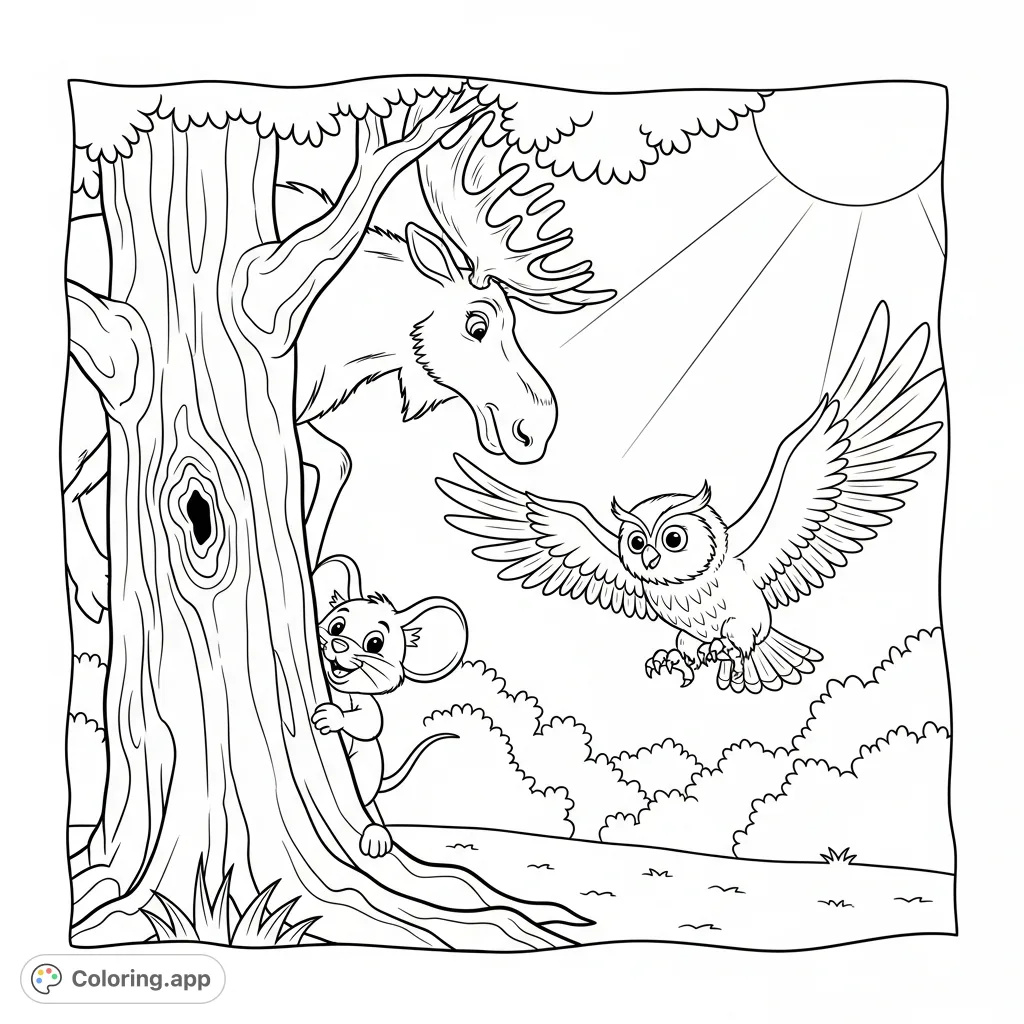 Discover a charming forest scene with a playful mouse, a majestic moose, and an agile owl engaging in a spirited game of hide-and-seek. Perfect for nature lovers.