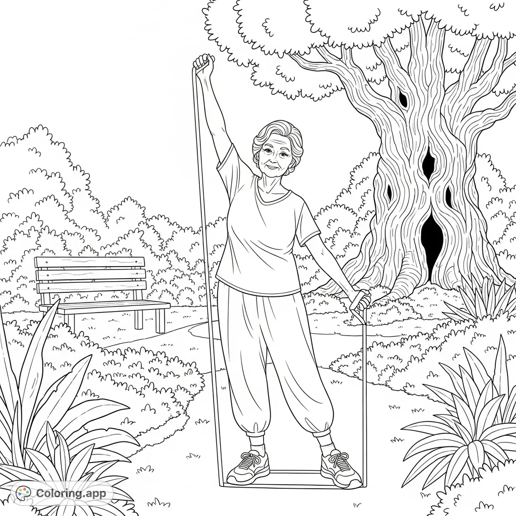 An elderly woman gracefully exercises outdoors, surrounded by nature. A serene scene for a calming and reflective coloring experience.