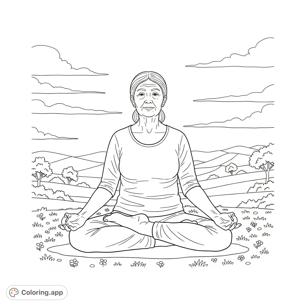 Find tranquility with this detailed yoga coloring page featuring a serene elderly lady practicing outdoors amidst nature's peaceful embrace. Perfect for relaxation.