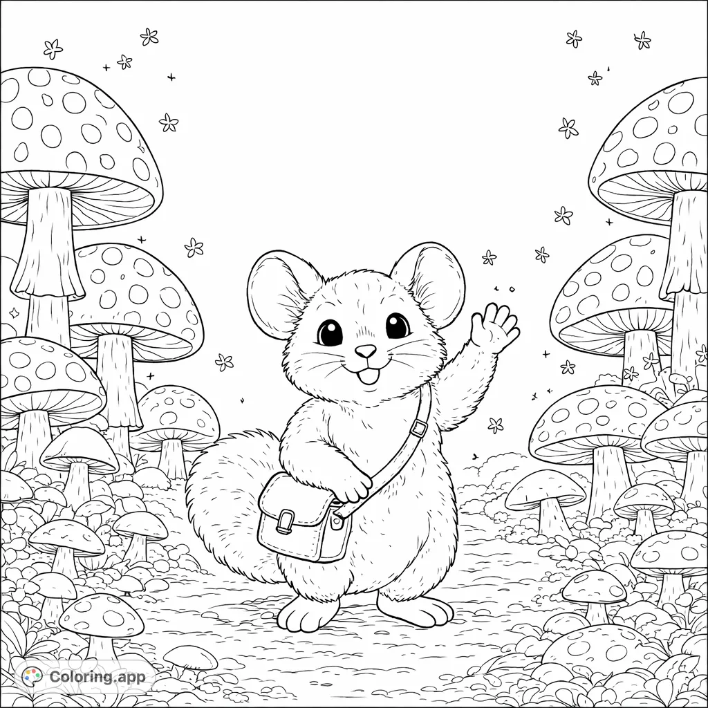 A charming mouse-like creature with a satchel waves cheerfully amidst a whimsical forest floor filled with patterned mushrooms and delicate flora, inviting creative coloring.