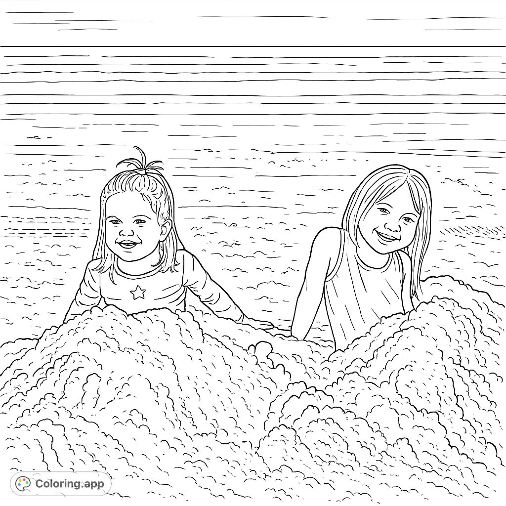 Two smiling children buried in sand on a sunny beach, enjoying seaside fun. A playful and engaging beach-themed coloring page for kids.