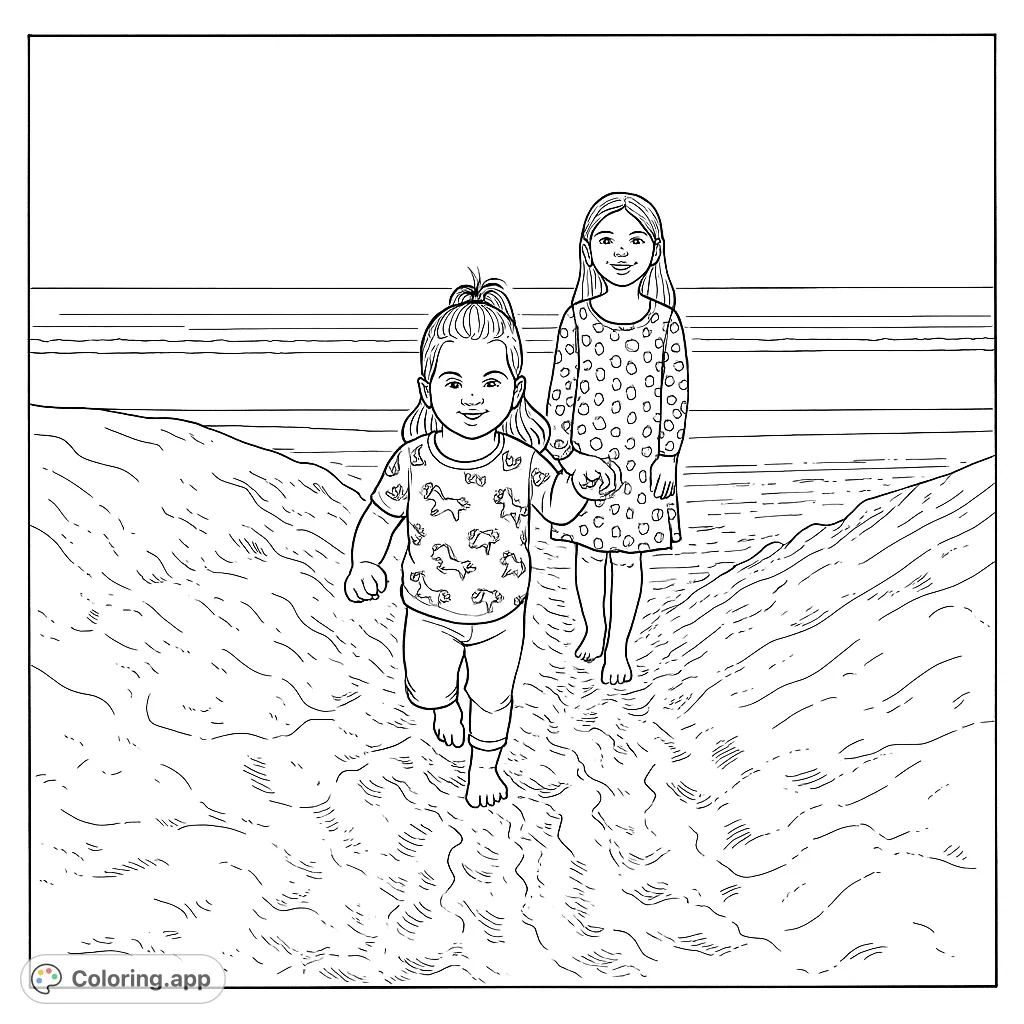 Two cheerful sisters enjoy a beach day, walking through sandy dunes with the ocean stretching in the distance. A delightful scene for kids to color.