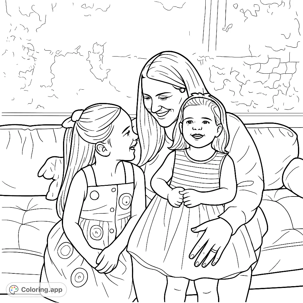 Capture a moment of joy with a family of three. This delightful coloring page features a woman and two girls sharing happy smiles on a cozy sofa.