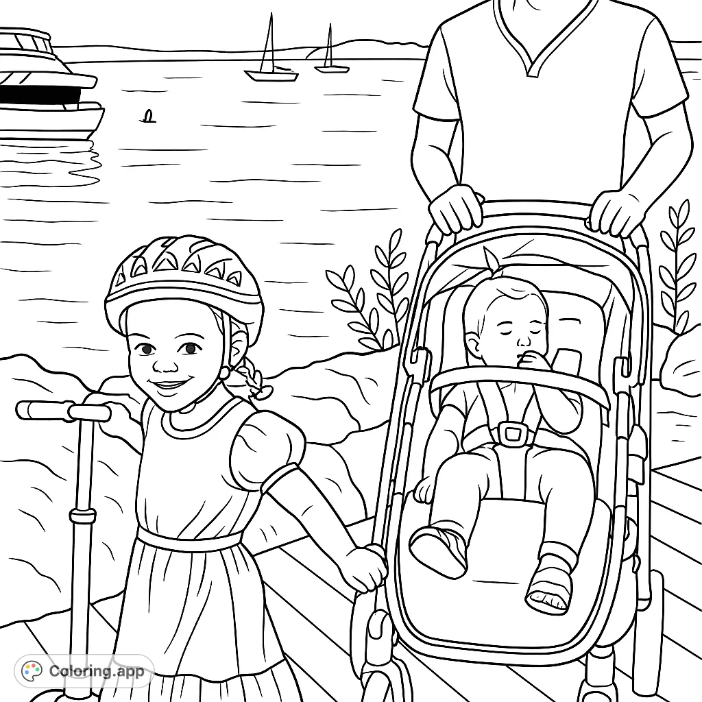 A heartwarming family scene by the water featuring a young girl on a scooter, a baby in a stroller, and an adult, perfect for family-themed coloring.