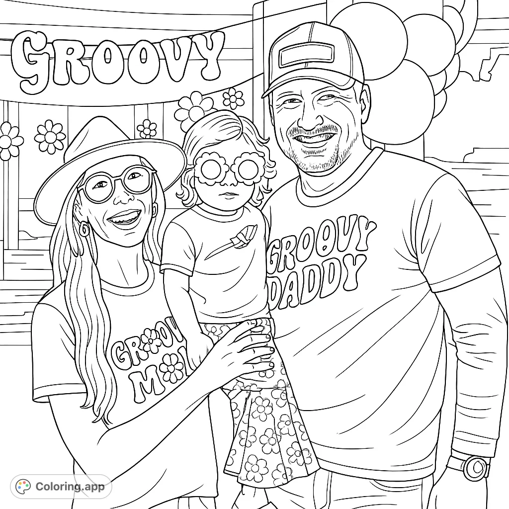 A heartwarming family portrait featuring mom, dad, and child in fun, retro-inspired outfits with groovy details. Perfect for creative expression.