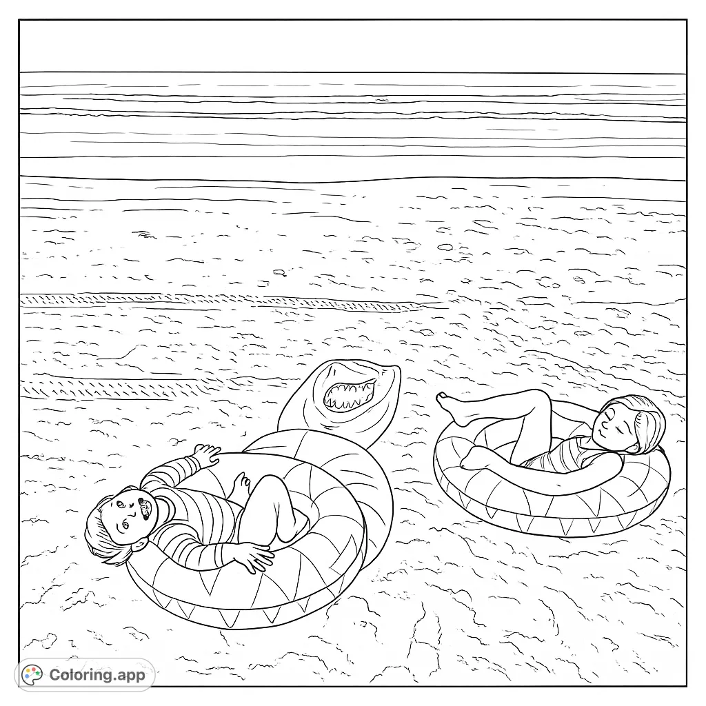 Two cheerful children relax on patterned inflatable rings on a sandy beach. A fun summer scene with ocean waves and a shark bodyboard for a perfect beach day.