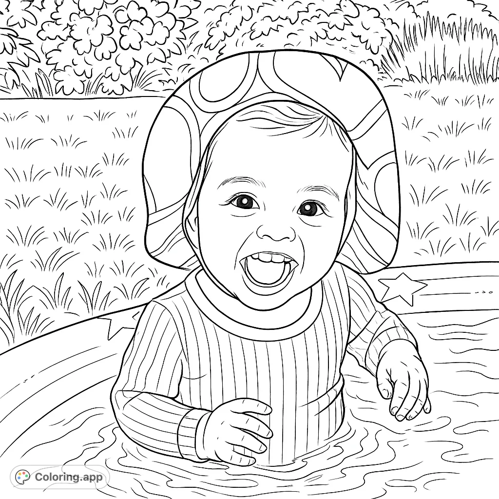 Capture pure joy with this happy baby coloring page! A smiling child in a patterned hat splashes in a pool, surrounded by grassy outdoor fun.
