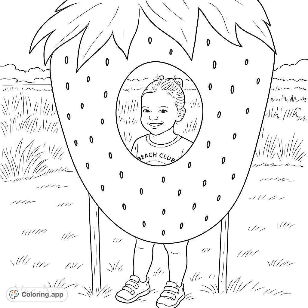 A joyful child peeks through a large strawberry cutout, surrounded by an outdoor landscape. Perfect for adding vibrant colors to a happy scene.
