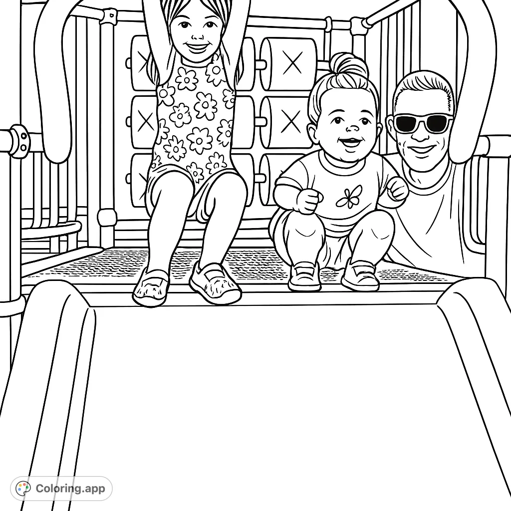 Happy children and an adult enjoying a sunny day at the playground, ready for a slide adventure. Full of smiles and outdoor fun for coloring!