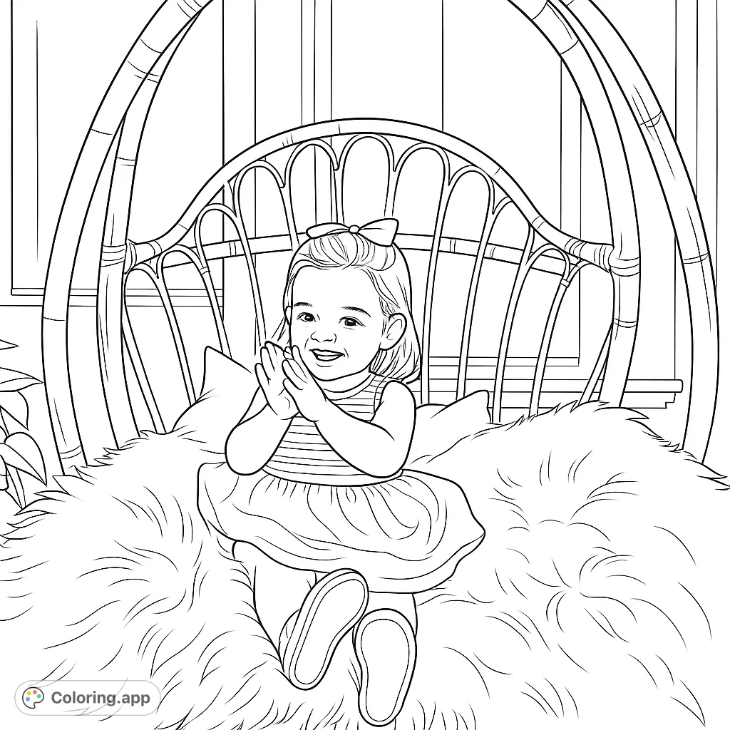 A delightful scene featuring a smiling child with a bow, clapping in a cozy wicker chair with a fluffy cushion. Perfect for sweet moments and creative expression.