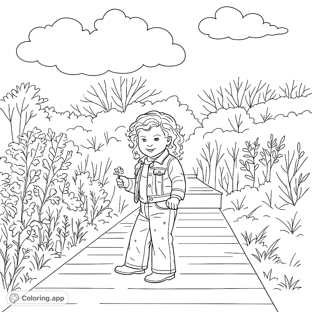 A joyful child stands on a rustic boardwalk amidst abundant natural foliage and a vast sky, holding a small flower. Perfect for nature-loving colorists.