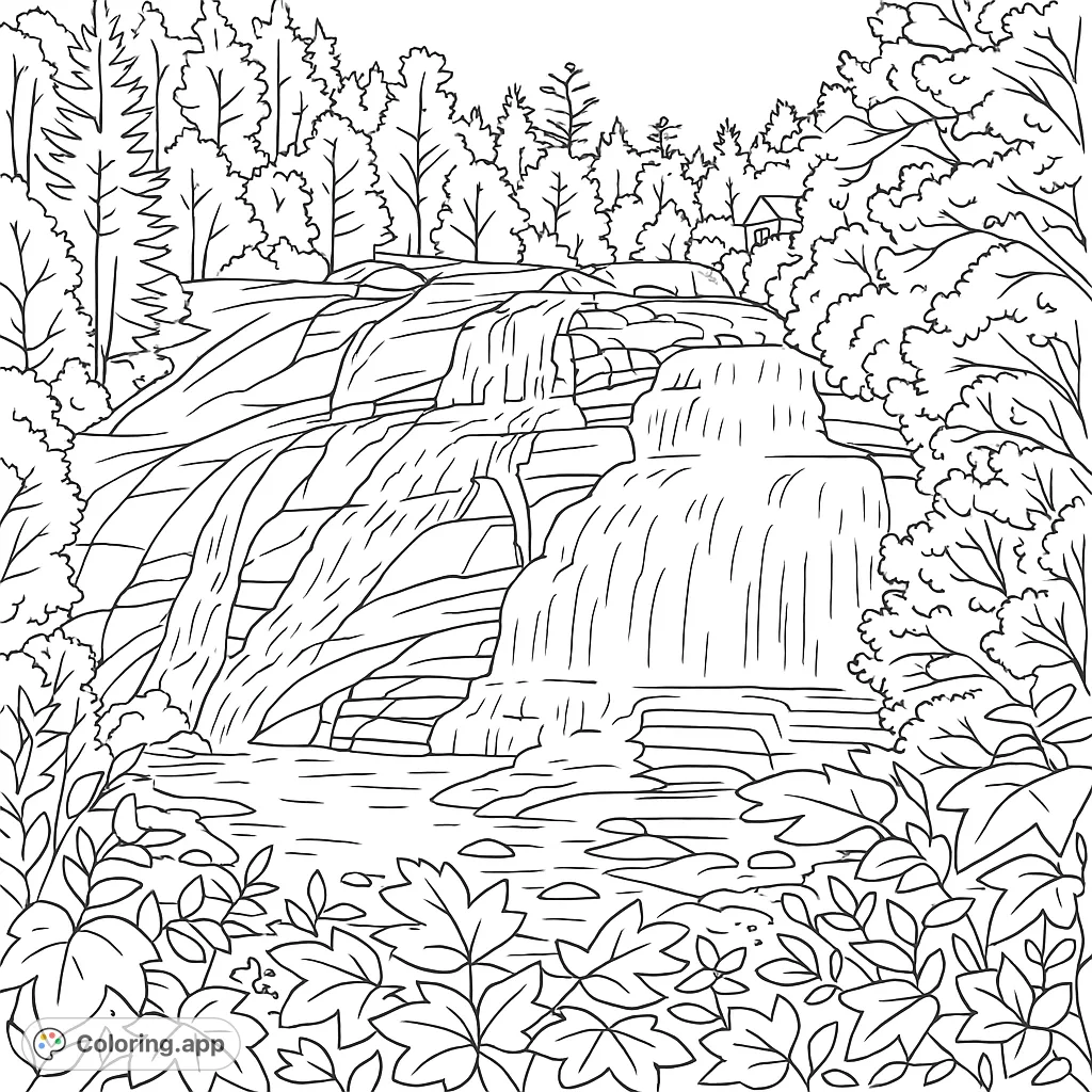 Immerse yourself in a breathtaking landscape featuring a magnificent multi-tiered waterfall cascading down rugged rock, framed by lush forest foliage.