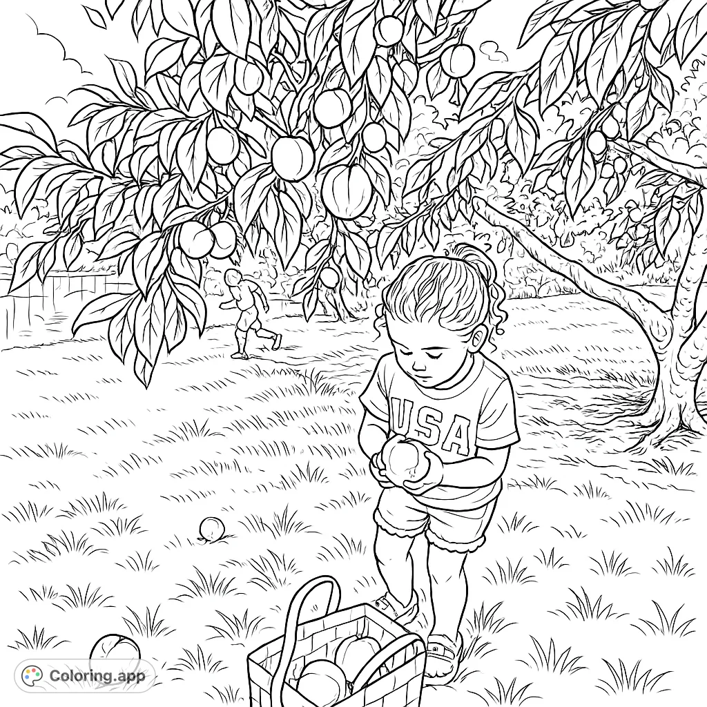A delightful fruit orchard scene featuring a child happily harvesting produce into a basket, with a bountiful tree overhead and friends playing nearby.