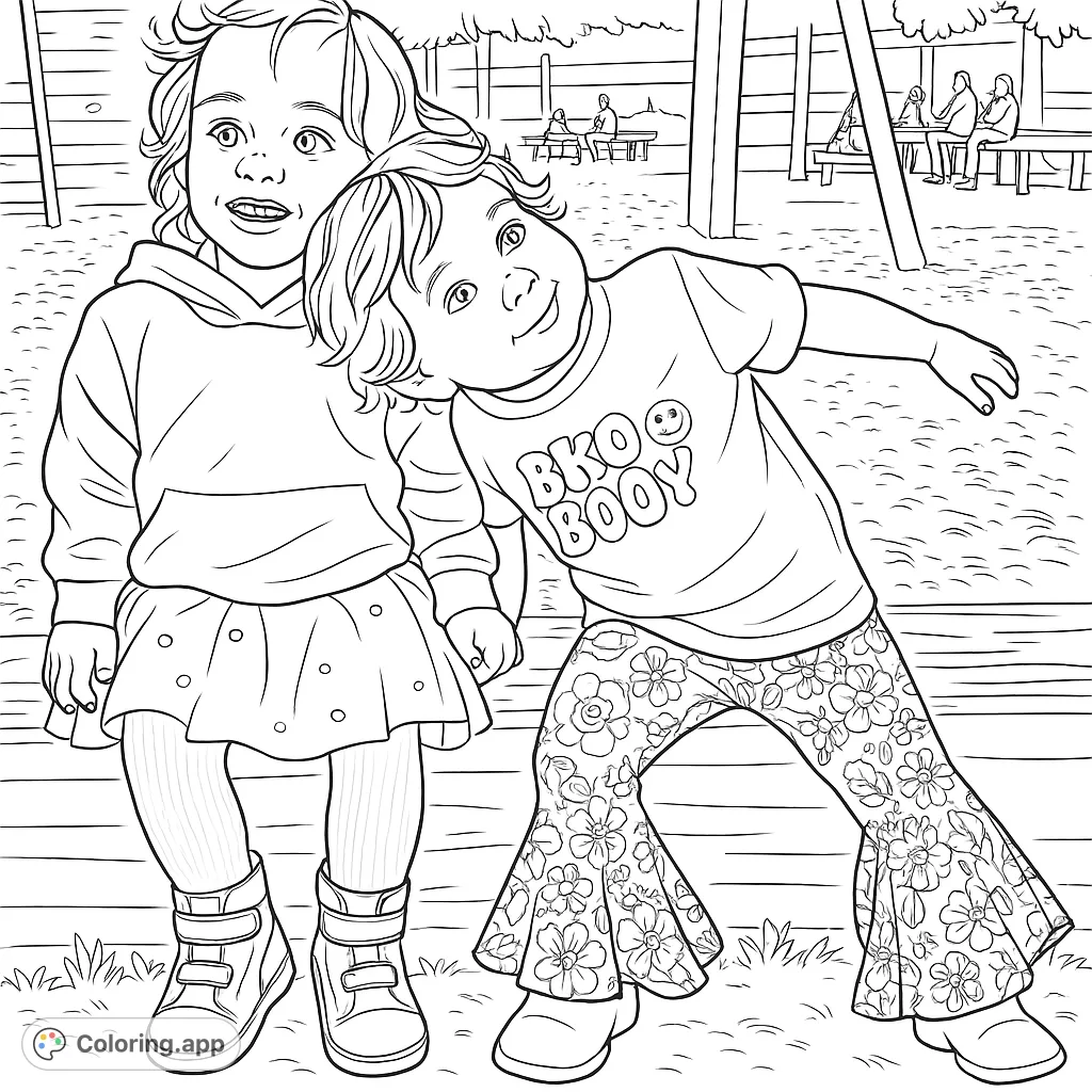 Adorable toddlers sharing a happy moment at the playground. Features detailed clothing and a natural outdoor setting for a fun coloring experience.