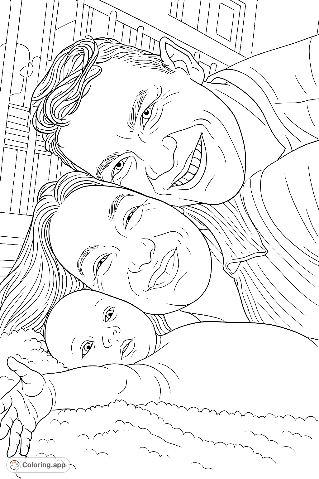 A heartwarming family portrait with parents and their newborn, sharing a moment of tender connection. Perfect for celebrating new beginnings and love.