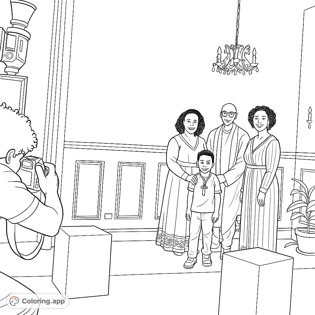 A heartfelt family portrait showcasing traditional attire and cultural heritage. Ideal for celebrating family bonds and intricate patterns. Download your free printable family coloring page.