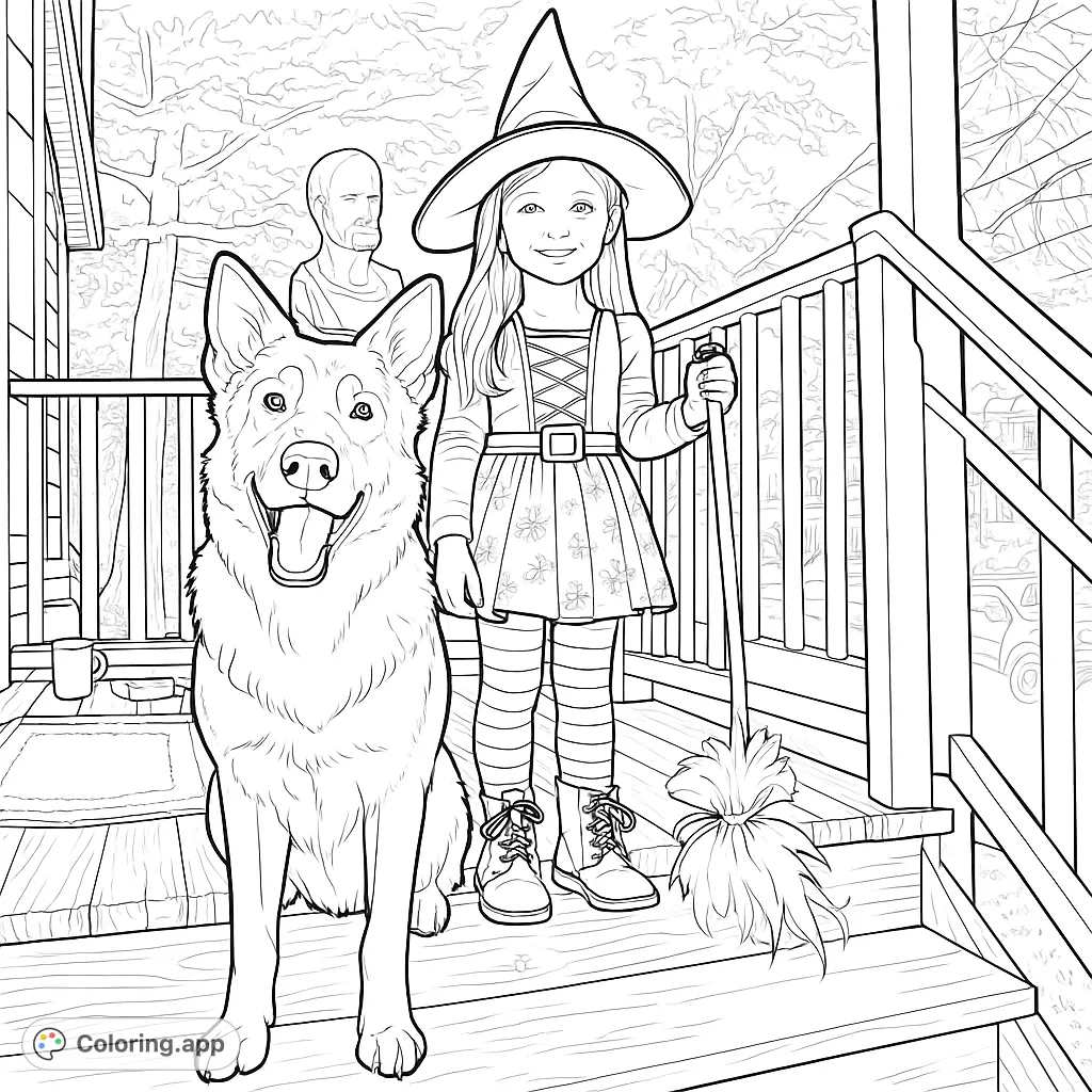 A festive Halloween scene featuring a cheerful young witch, her loyal dog, and a friendly skeleton on a porch, perfect for seasonal coloring fun.